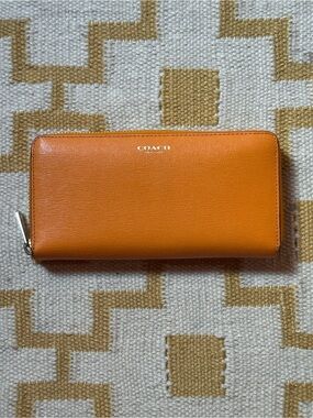 Coach Orange Leather Zip Wallet with Gold Logo